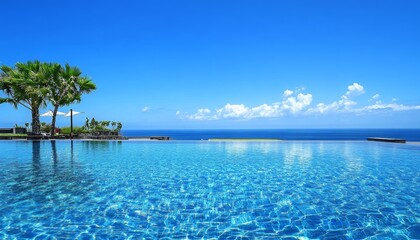 Fototapeta premium Infinity pool overlooking a serene ocean under a vibrant blue sky.