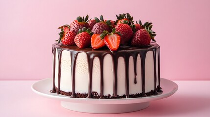 Elegant vegan ice cream cake drizzled with chocolate ganache and decorated with fresh strawberries, isolated on pastel pink