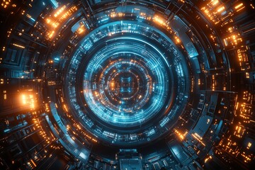 Fototapeta premium Futuristic background with blue - teal lighting, illuminated circular stage and circuit - board patterns, plus digital sci - fi elements for live - stream product or artwork showcase