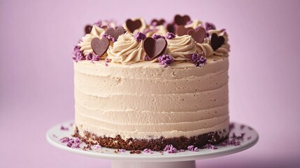 Elegant vegan ice cream cake with piped peanut butter rosettes and chocolate hearts, isolated on soft lavender