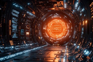 Obraz premium Futuristic background with blue - teal lighting, illuminated circular stage and circuit - board patterns, plus digital sci - fi elements for live - stream product or artwork showcase