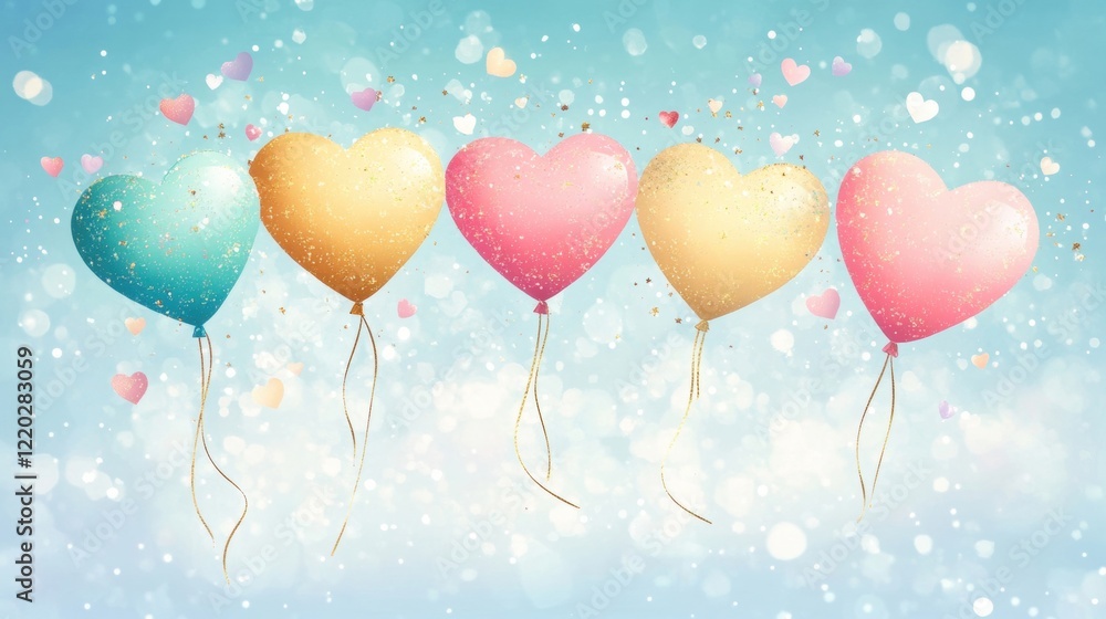 Poster heart shaped balloons in various colors float gracefully above a bright blue backdrop filled with sp
