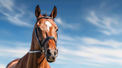majestic brown horse with bridle stands against clear blue sky, exuding grace and strength. horse attentive gaze and sleek coat highlight its beauty and elegance