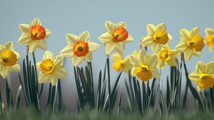 Daffodils blooming, spring field, sunny day, blurred background, greeting card