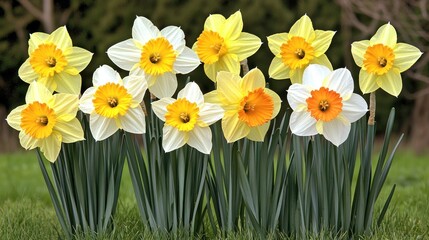 Spring daffodils blooming outdoors in garden