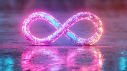 Colorful neon lights create a radiant infinity symbol glowing against a reflective surface in a dark setting