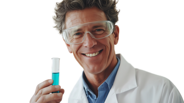 Smiling Scientist Holds Test Tube, Blue Liquid, Lab Research isolated on transparent background
