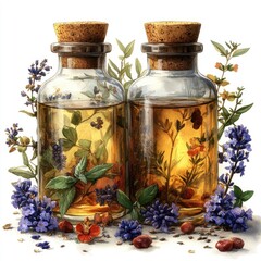 Two glass bottles filled with herbal oils, surrounded by colorful flowers and herbs, showcasing nature's beauty