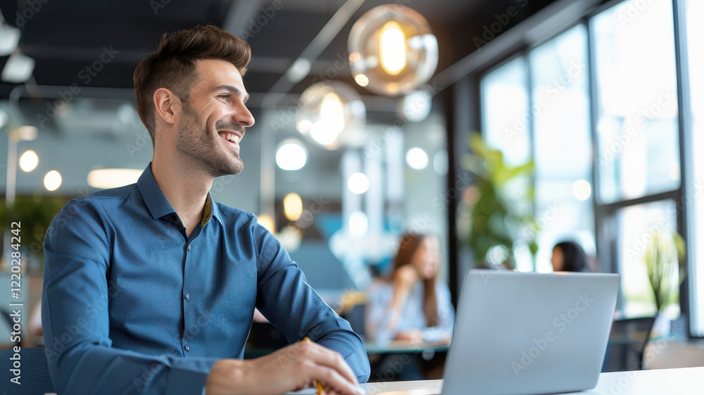 Poster man in modern open space office is smiling while working on laptop, surrounded by colleagues collabo