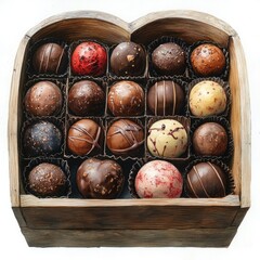Obraz premium A beautifully arranged assortment of gourmet chocolates in a heart-shaped wooden box on a white background