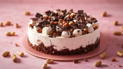 Vegan ice cream cake topped with caramelized peanuts and dark chocolate shards, isolated on a textured pink background