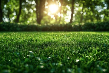 Naklejka premium Close - up of Freshly Cut Spring Lawn on Blurred Green Grass Background with Copy Space on a Sunny Day
