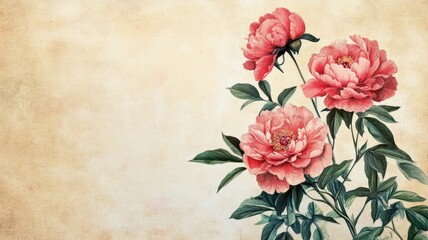 Vintage floral illustration of pink peonies with lush green leaves