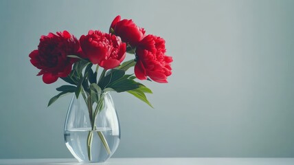 Obraz premium Red flowers in glass vase with water on white surface against grey background