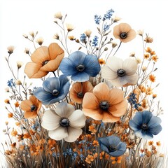 A vibrant arrangement of orange and blue flowers in a soft, artistic style against a white background