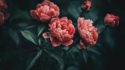 Pink peonies in bloom with dark green leaves