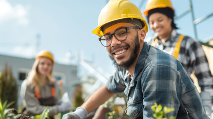 group of diverse people wearing safety helmets and working together in community garden, smiling and enjoying teamwork