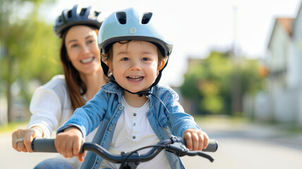 Obraz premium joyful child wearing helmet rides bicycle with smiling parent guiding them on sunny day