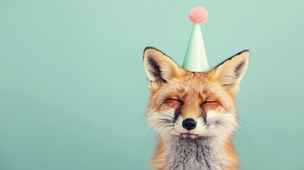 Obraz premium A joyful fox wearing a green party hat smiles happily, bringing a whimsical atmosphere to a festive setting