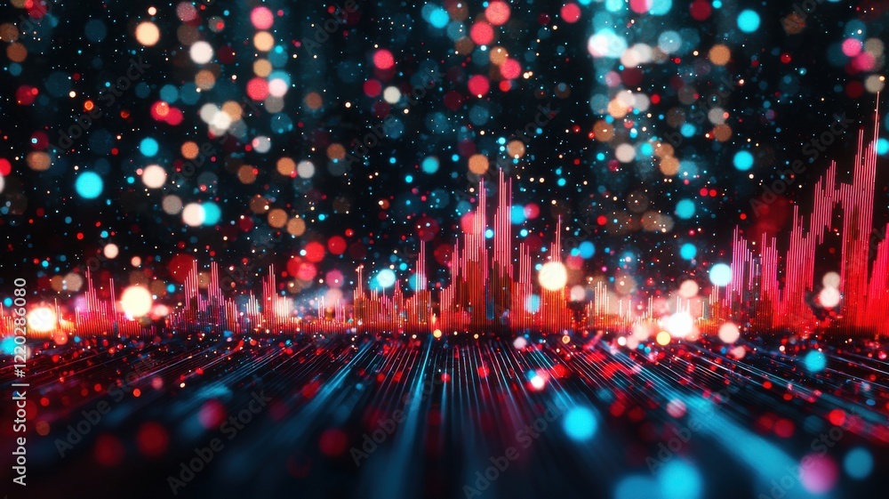 Poster a vibrant digital landscape with colorful abstract lights and patterns, resembling sound waves or da