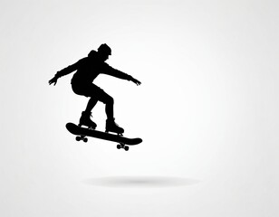 "Skateboarder Silhouette, Urban Skater, Extreme Sports Action, Youth Culture, Black and White, Dynamic Movement, Skateboarding Tricks, Outdoor Activity, Skate Park, Street Style, Ai generated image.