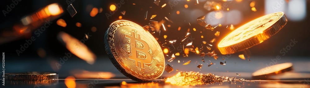 Poster a dynamic scene showing golden coins scattering and sparkling, capturing a sense of wealth and motio