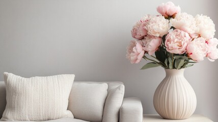 Elegant white sofa with large vase of pink peonies in minimalist room