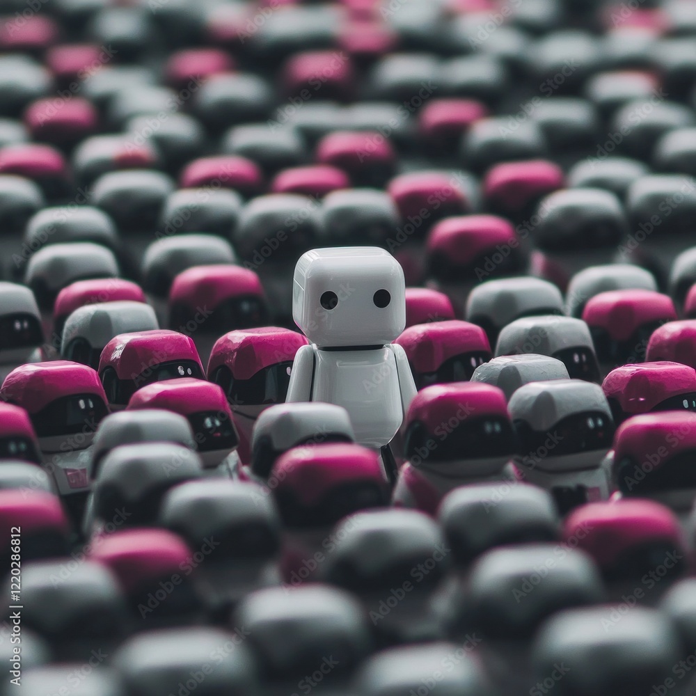 Poster unique robot standing out from the crowd of identical machines