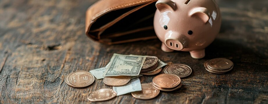 A piggy bank sits beside a wallet, with coins and banknotes scattered on a wooden surface, representing savings and financial planning.
