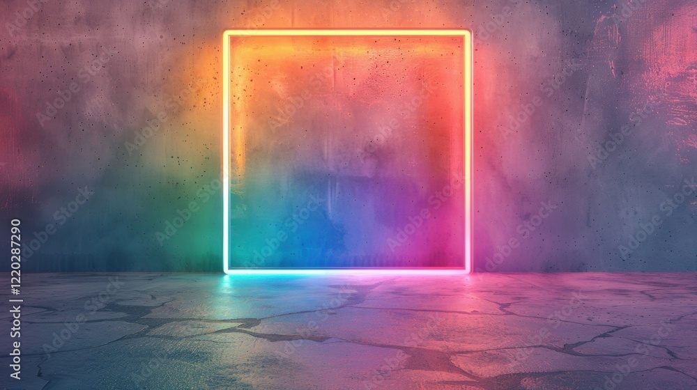 Poster a square frame with neon rainbow lights glows brightly in an artistic setting, creating a colorful f