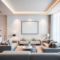 Modern Living Room with Sleek Furniture, Neutral Tones, and Warm Lighting Featuring ISO A Paper Size Poster Frame