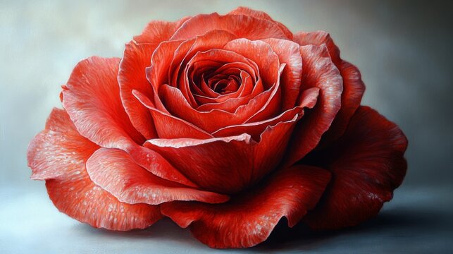 Close-up of a single, vibrant red rose with detailed petals against a soft, neutral background.