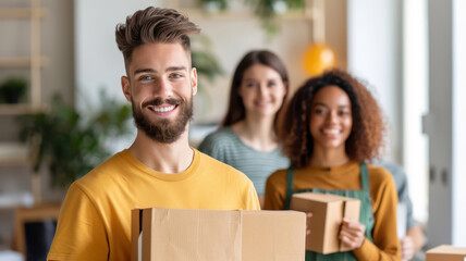 group of young adults smiling while holding boxes, possibly organizing charity event. setting appears to be indoors with bright and cheerful atmosphere