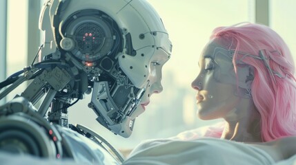 Fototapeta premium In a cozy bedroom, a robot gazes at a human woman with pink hair as they lie on a bed together, illuminated by gentle morning sunlight