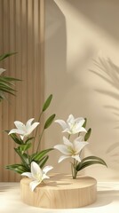 Elegant White Lilies Arranged on Wooden Base in Soft Natural Setting