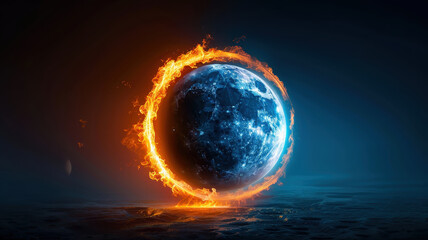 Obraz premium celestial scene depicts solar and lunar eclipse forming fiery ring, symbolizing cosmic balance and energy. glowing fire contrasts with cool, dark background, creating dramatic effect