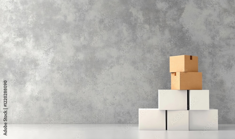 Poster cardboard and white boxes are arranged in a neat stack against a smooth gray backdrop, emphasizing s