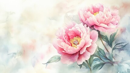Fototapeta premium Two pink flowers with green leaves on pastel watercolor background