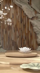 Serene Interior with White Lotus Flower and Wooden Elements