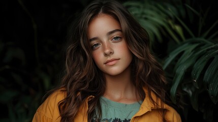 Serene Young Woman with Freckles  Long Brown Hair  Yellow Jacket  Lush Green Foliage Backg