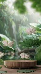 Serene Lotus Flowers on Wooden Platform in Tranquil Green Setting