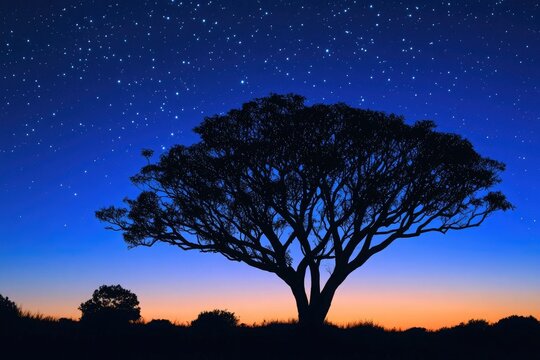 The silhouette of a quiver tree with its distinctive branches spreading out against a calm, darkening blue sky, stars just beginning to appear.