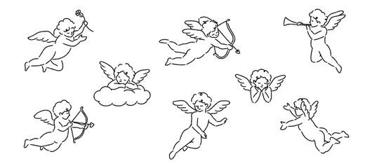 Valentine's day cupids or little angels collection. Cupid shooting the arrow line art. Banner, poster, web, template, valentine's card. Hand drawn style. Vector illustration.