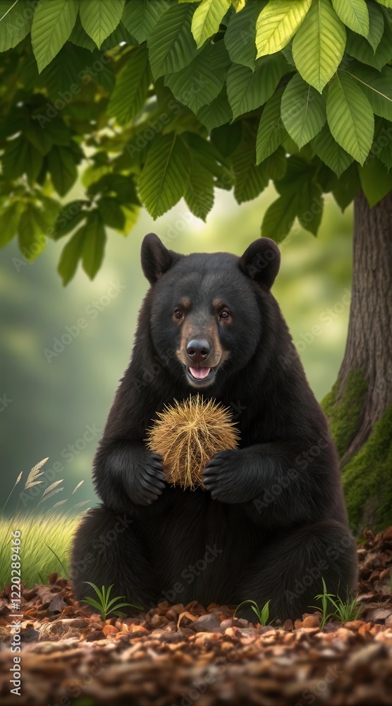 Poster american black bear enjoying a chestnut under a tree in a forest setting during daylight. generative