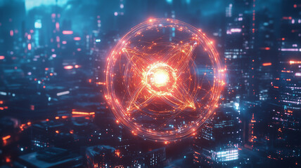 Obraz premium Luminous Sphere Over Futuristic Cityscape at Night