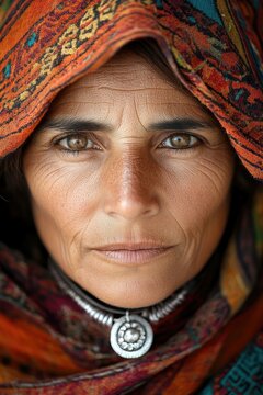 Close-up Portrait of a Woman Wearing a Traditional Ornate Headscarf and Silver Necklace