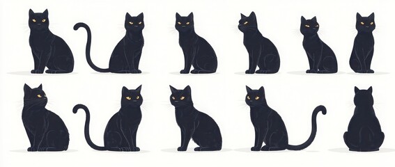 A set of silhouettes of black sleek cats in various poses on a light background in isolation.