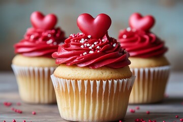 Three heart-topped cupcakes with red frosting and sprinkles, perfect for celebrations or sweet gifts.