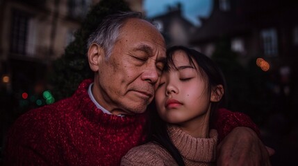 Fototapeta premium Loving Asian Father and Daughter Hugging Close Up Portrait