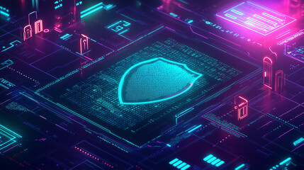 Digital Cybersecurity Illustration Featuring a Shield Icon, Binary Code, Glowing Locks, and a Holographic Fingerprint with Neon Blue and Green Accents on a Dark Background.
